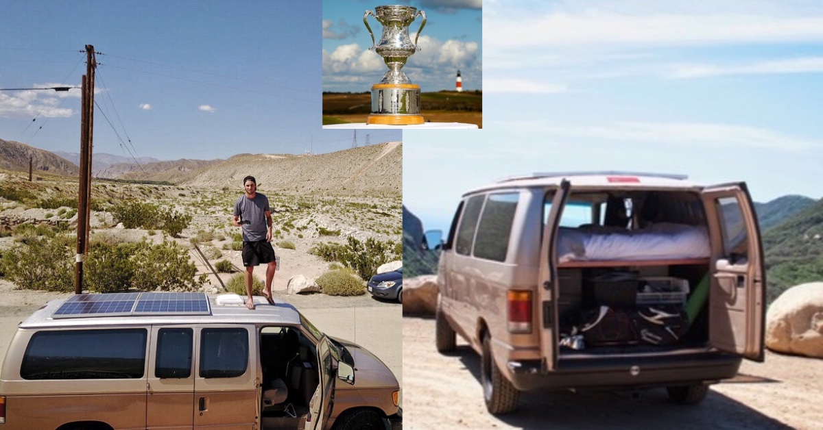 Cameron Tennant standing on the roof of the van he lived in while chasing The Masters