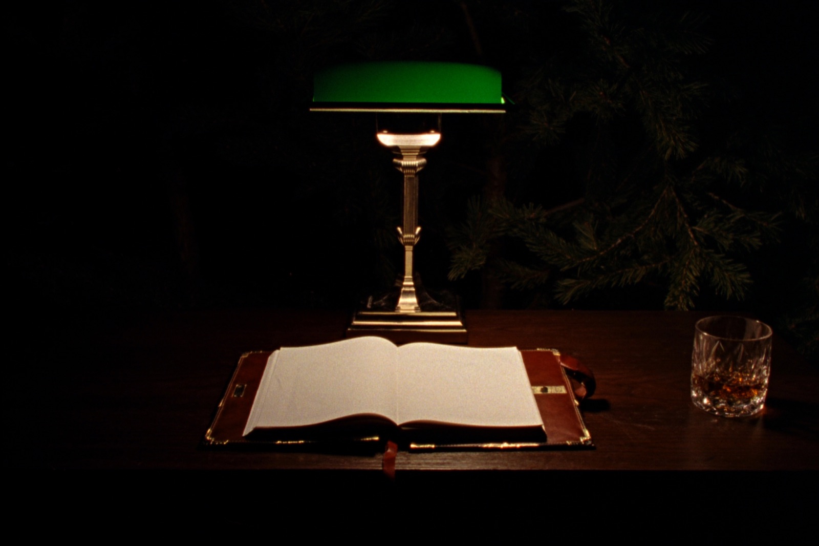 A green banker's lamp over an open journal at night